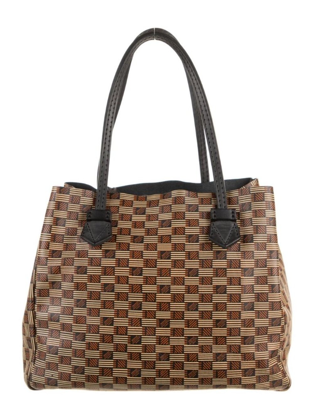 Moreau Paris Vincennes Tote Bag Brown Geometric Patterned Handbag with Black Lea